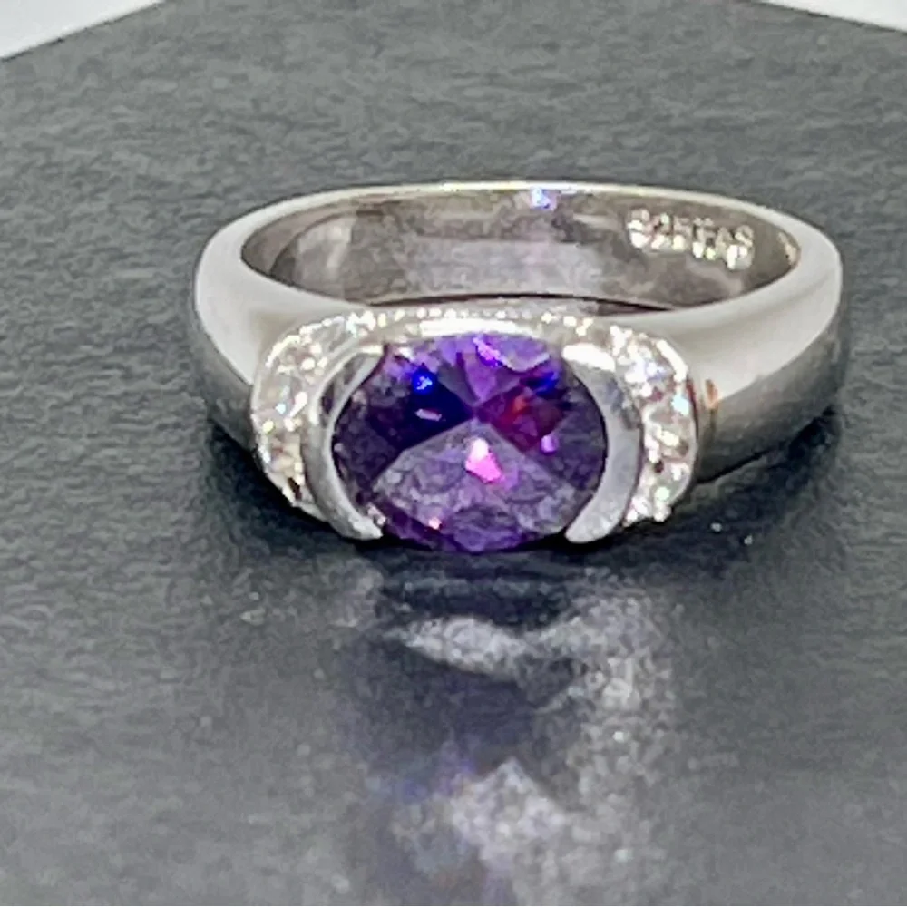 925 Real Amethyst Diamond Sterling Faceted Ring Sz 8